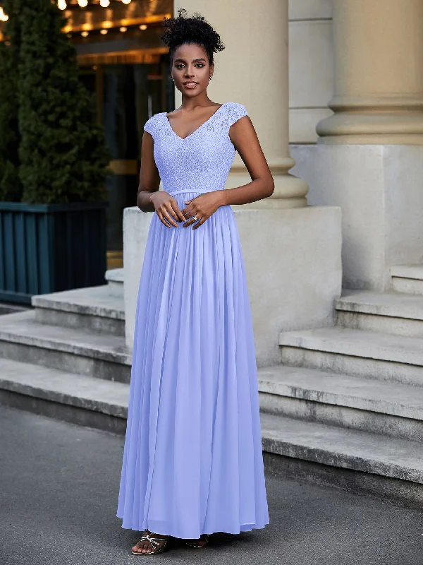 Lace and Chiffon Maxi Dress with Cap Sleeves-Lavender Comfortable Fit-and-Flare Maxi Dress