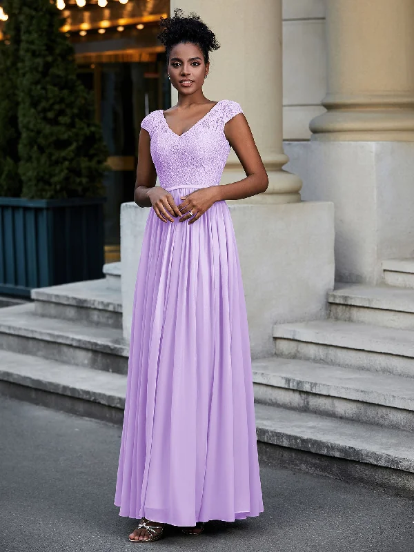 Lace and Chiffon Maxi Dress with Cap Sleeves-Lilac Fashionable Halter Neck Maxi Dress