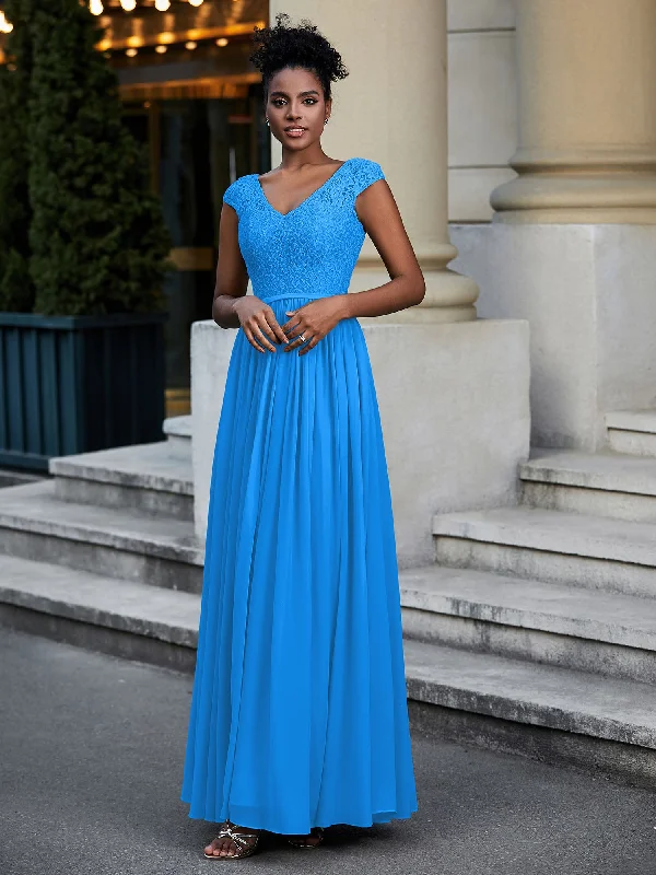 Lace and Chiffon Maxi Dress with Cap Sleeves-Ocean Blue Stylish Boho Chic Maxi Dress