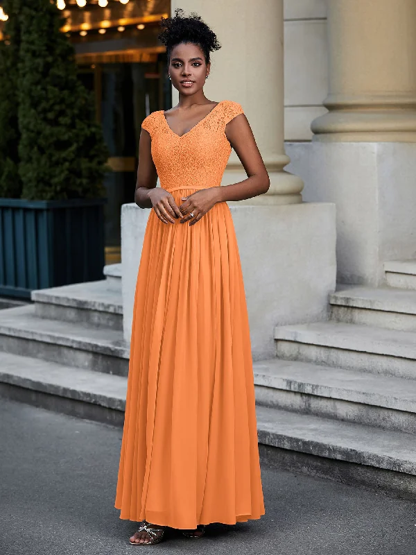 Lace and Chiffon Maxi Dress with Cap Sleeves-Orange Trendy Printed Maxi Dress