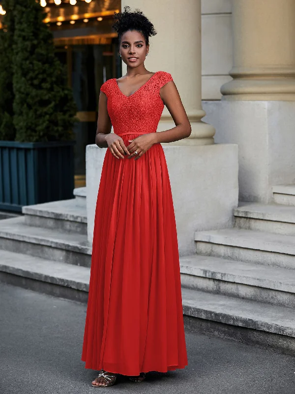 Lace and Chiffon Maxi Dress with Cap Sleeves-Red Trendy Satin Maxi Dress