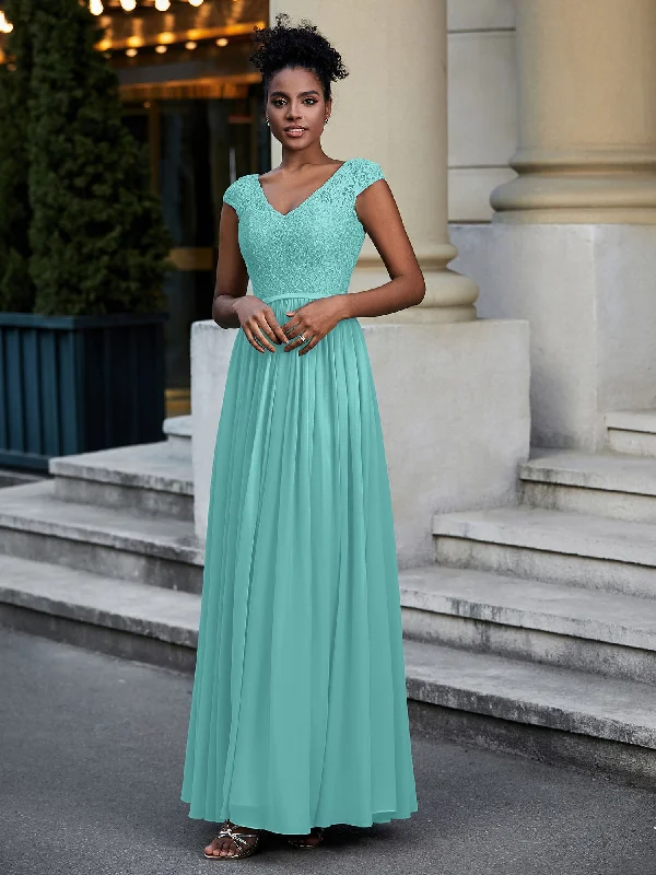 Lace and Chiffon Maxi Dress with Cap Sleeves-Spa Classic Tulle Maxi Dress