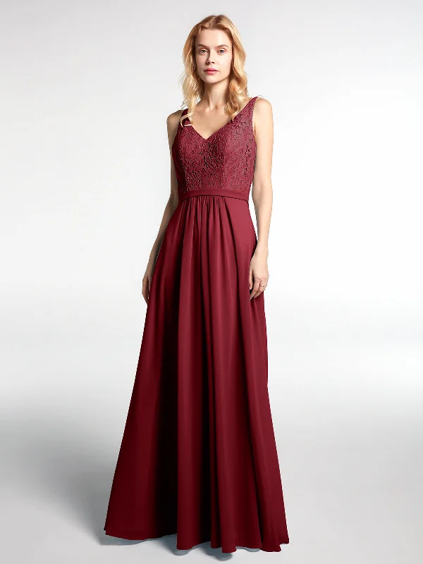 Lace Bodice Chiffon Skirt Maxi Dress with V-neck-Burgundy Stylish Empire Waist Maxi Dress