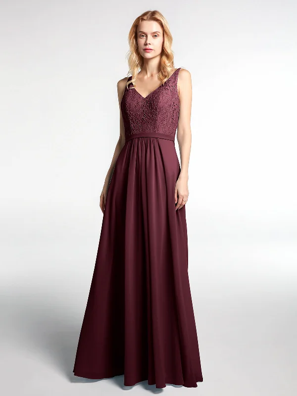 Lace Bodice Chiffon Skirt Maxi Dress with V-neck-Cabernet Chic Sleeveless Maxi Dress