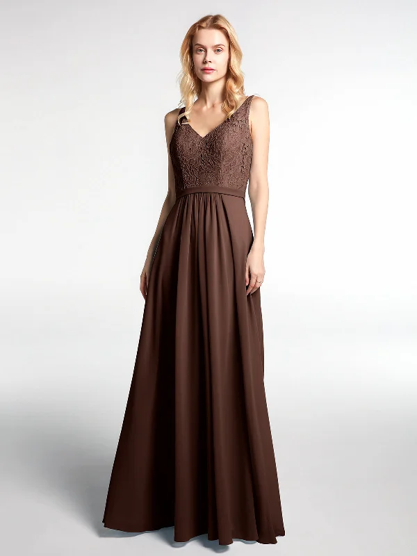 Lace Bodice Chiffon Skirt Maxi Dress with V-neck-Chocolate Trendy Off-Shoulder Ruffle Maxi Dress