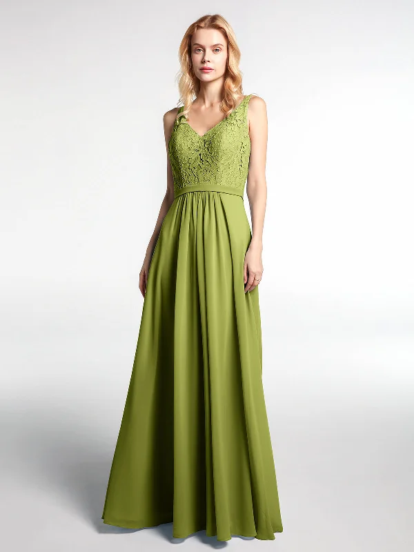 Lace Bodice Chiffon Skirt Maxi Dress with V-neck-Clover Fashionable Asymmetrical Maxi Dress