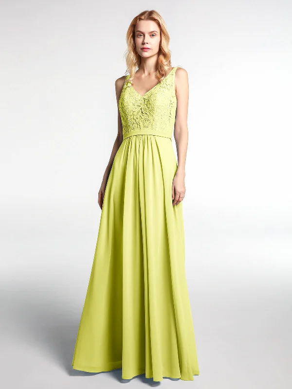 Lace Bodice Chiffon Skirt Maxi Dress with V-neck-Daffodil Stylish V-Neck Maxi Dress