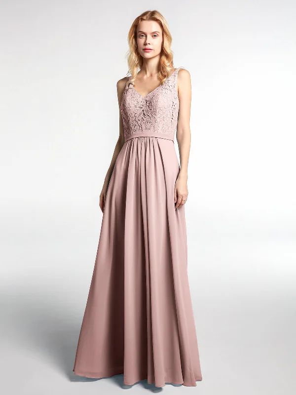 Lace Bodice Chiffon Skirt Maxi Dress with V-neck-Dusty Rose Trendy Floral Print Maxi Dress