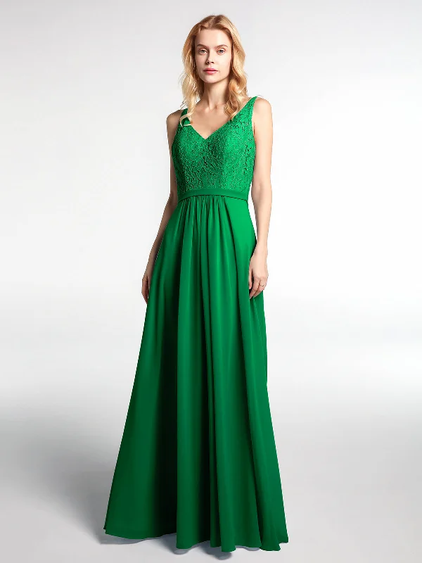 Lace Bodice Chiffon Skirt Maxi Dress with V-neck-Emerald Trendy Fit-and-Flare Maxi Dress