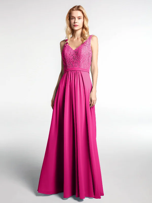 Lace Bodice Chiffon Skirt Maxi Dress with V-neck-Fuchsia Trendy Fit-and-Flare Maxi Dress