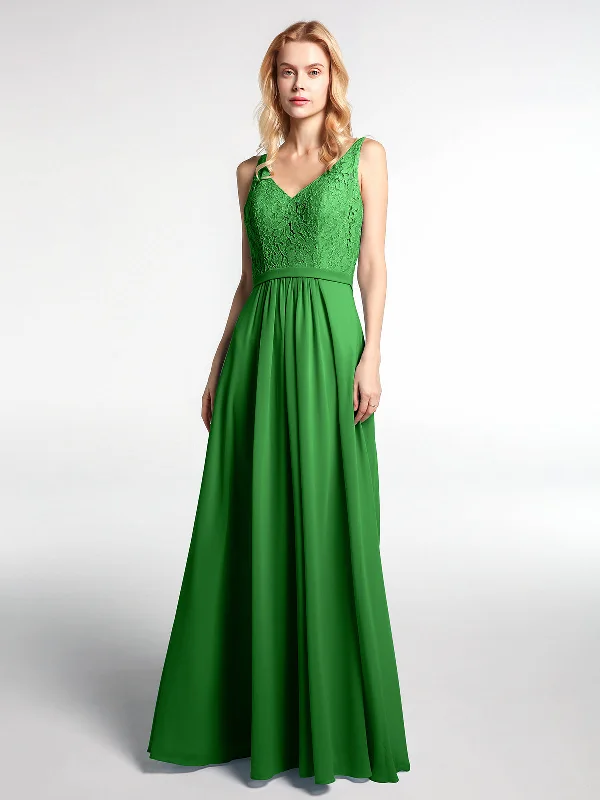 Lace Bodice Chiffon Skirt Maxi Dress with V-neck-Green Chic Summer Maxi Dress