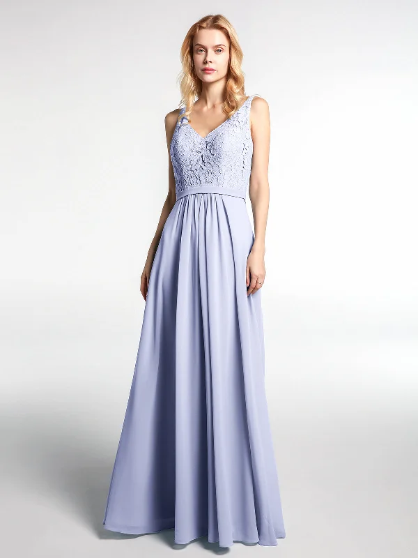 Lace Bodice Chiffon Skirt Maxi Dress with V-neck-Lavender Classic V-Neck Maxi Dress