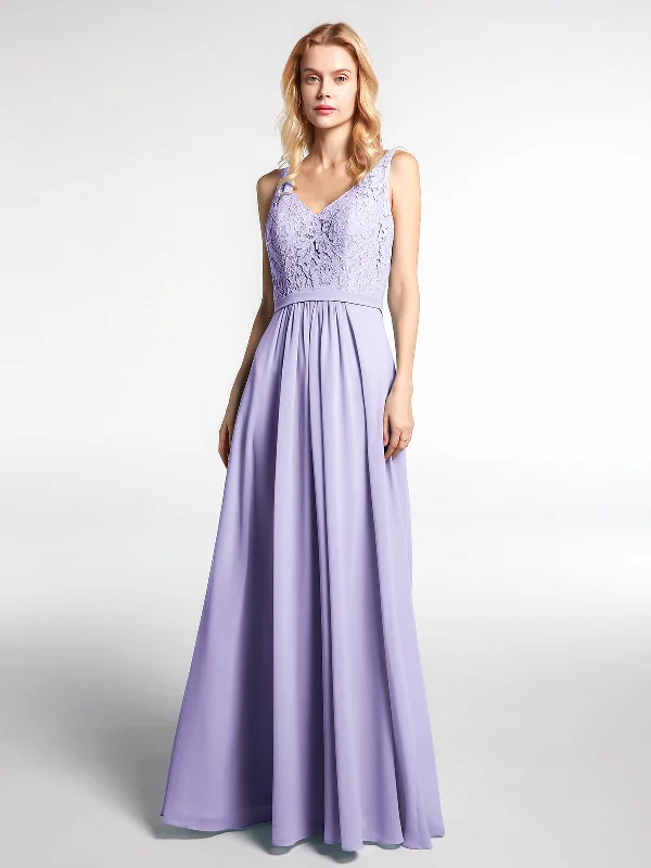 Lace Bodice Chiffon Skirt Maxi Dress with V-neck-Lilac Fashionable Maxi Dress with Fringe