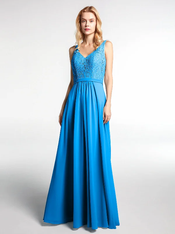 Lace Bodice Chiffon Skirt Maxi Dress with V-neck-Ocean Blue Stylish Long Sleeve Maxi Dress