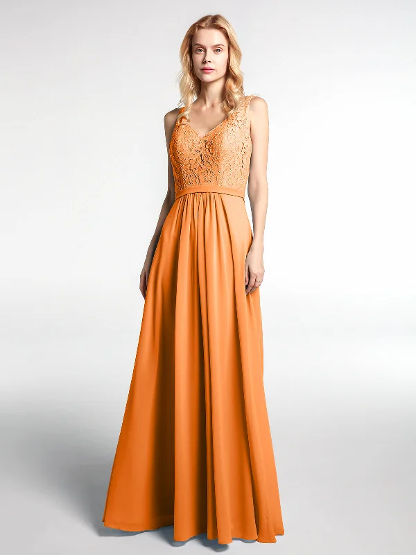 Lace Bodice Chiffon Skirt Maxi Dress with V-neck-Orange Elegant Maxi Dress with Lace