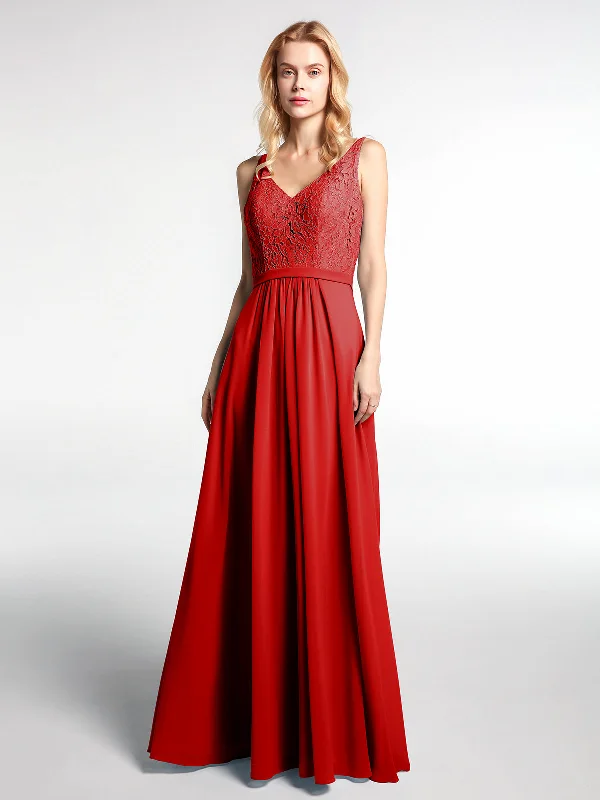 Lace Bodice Chiffon Skirt Maxi Dress with V-neck-Red Stylish Empire Waist Maxi Dress