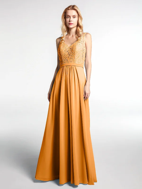 Lace Bodice Chiffon Skirt Maxi Dress with V-neck-Tangerine Elegant Lace Maxi Dress