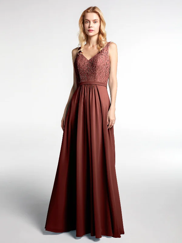 Lace Bodice Chiffon Skirt Maxi Dress with V-neck-Terracotta Elegant Maxi Dress with Pockets