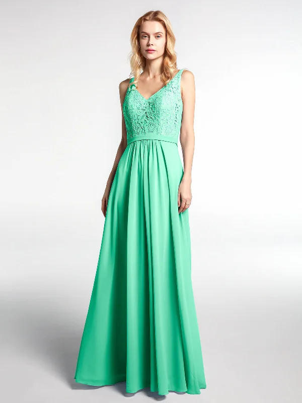 Lace Bodice Chiffon Skirt Maxi Dress with V-neck-Turquoise Trendy Maxi Dress with Straps