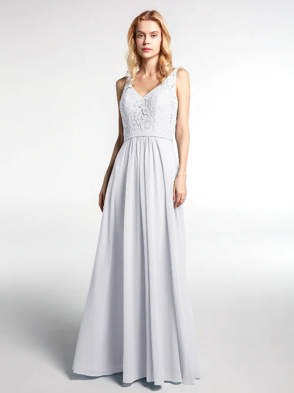 Lace Bodice Chiffon Skirt Maxi Dress with V-neck-White Cozy Spaghetti Strap Maxi Dress