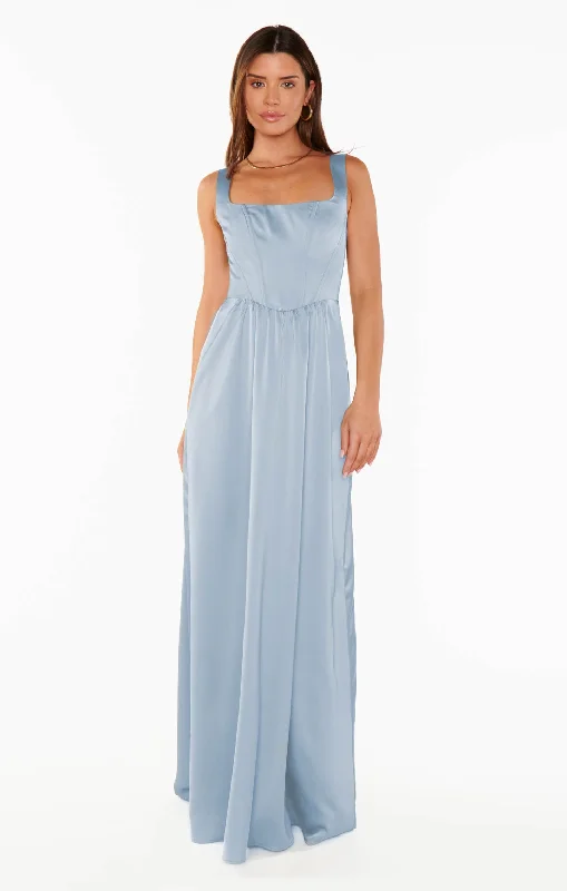 Nina Maxi Dress ~ Steel Blue Luxe Satin Stylish Boho Maxi Dress