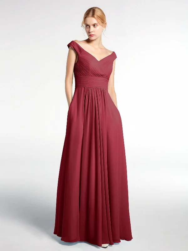 Off shoulder V-neck Maxi Dress with Pockets-Burgundy Chic Summer Floral Maxi Dress