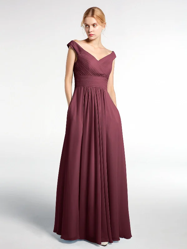 Off shoulder V-neck Maxi Dress with Pockets-Cabernet Elegant Pleated Maxi Dress