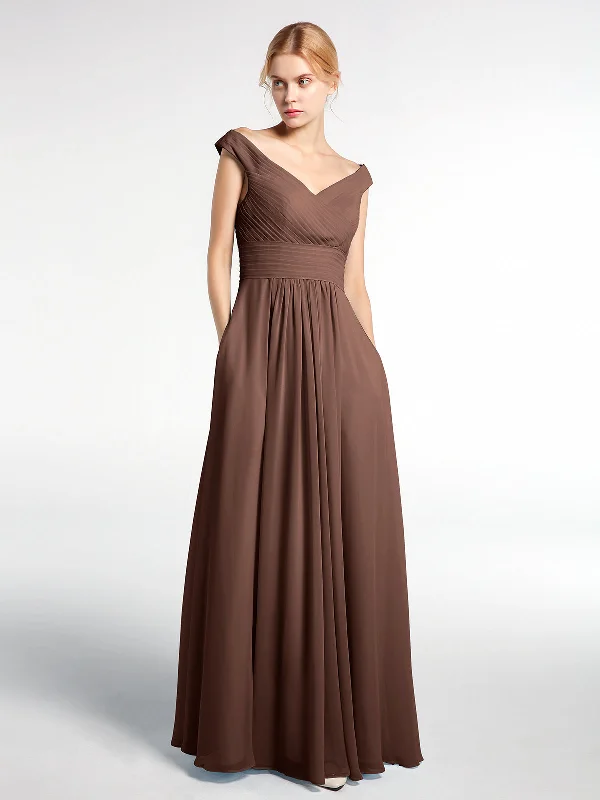 Off shoulder V-neck Maxi Dress with Pockets-Chocolate Elegant Pleated Maxi Dress