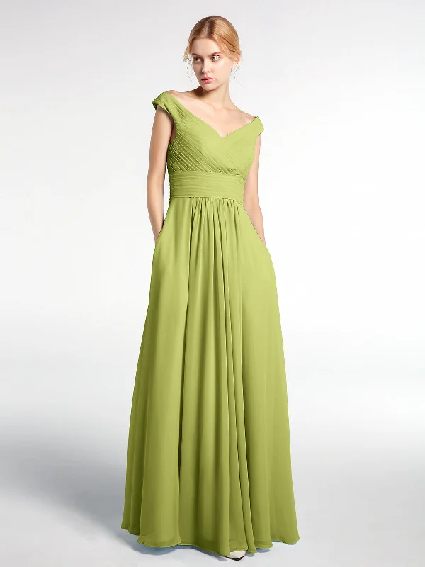 Off shoulder V-neck Maxi Dress with Pockets-Clover Comfortable Long-Sleeve Maxi Dress