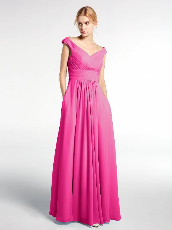 Off shoulder V-neck Maxi Dress with Pockets-Fuchsia Cozy Ruffle Sleeve Maxi Dress