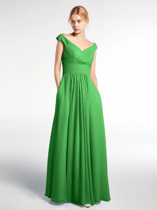 Off shoulder V-neck Maxi Dress with Pockets-Green Stylish Maxi Dress with Frills