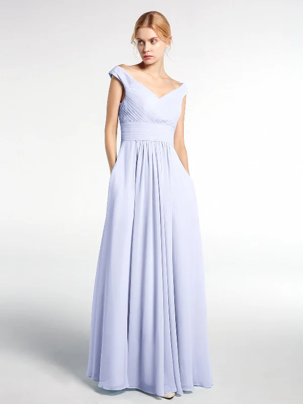 Off shoulder V-neck Maxi Dress with Pockets-Lavender Stylish Pleated A-Line Maxi Dress