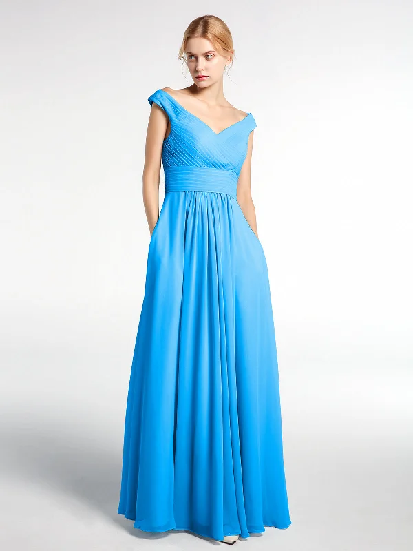 Off shoulder V-neck Maxi Dress with Pockets-Ocean Blue Elegant Maxi Dress with Ruffles