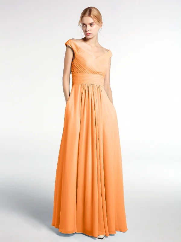 Off shoulder V-neck Maxi Dress with Pockets-Orange Elegant Maxi Dress with Belt