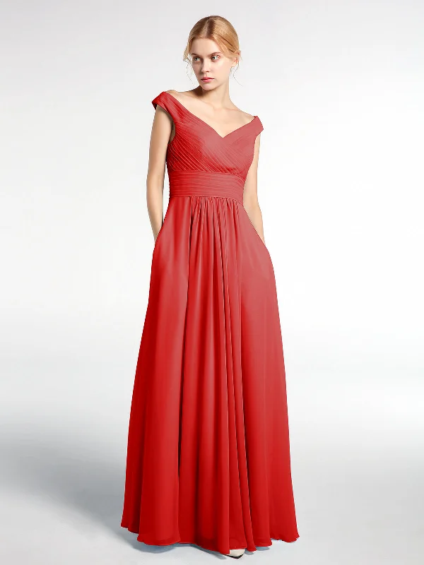 Off shoulder V-neck Maxi Dress with Pockets-Red Trendy Maxi Dress with Straps