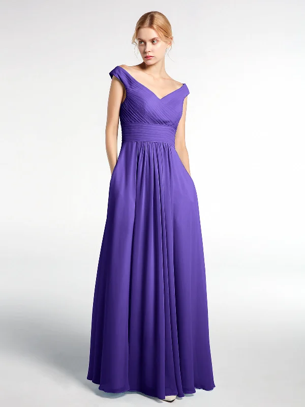 Off shoulder V-neck Maxi Dress with Pockets-Regency Trendy Maxi Dress with Belt