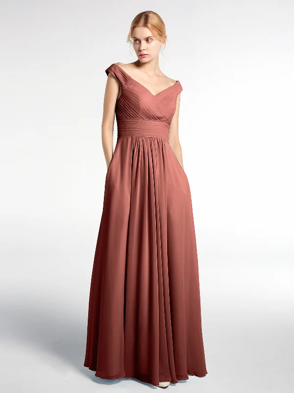 Off shoulder V-neck Maxi Dress with Pockets-Terracotta Chic Off-Shoulder Maxi Dress