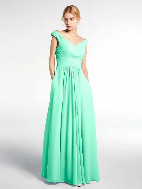 Off shoulder V-neck Maxi Dress with Pockets-Turquoise Trendy Fit-and-Flare Maxi Dress