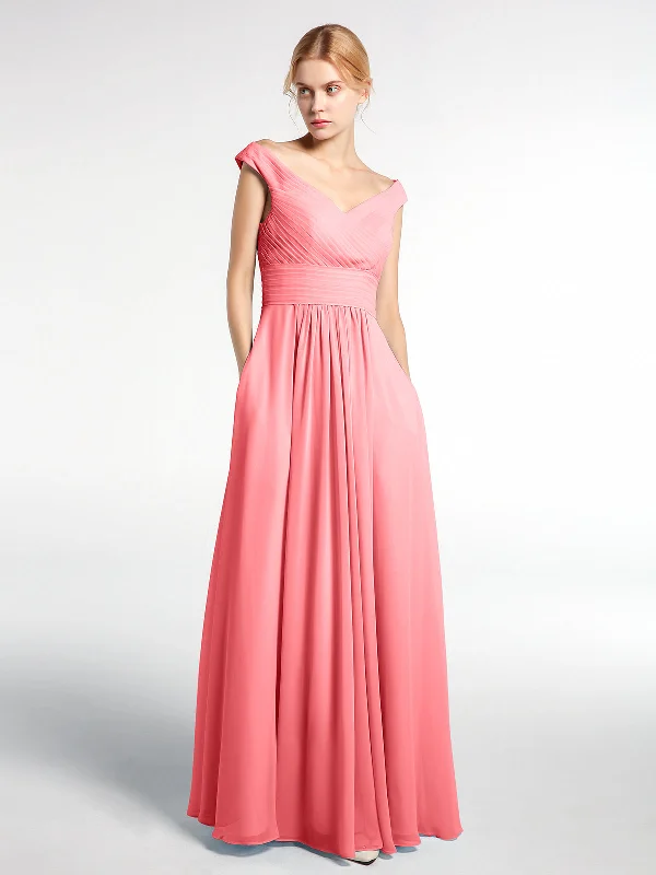 Off shoulder V-neck Maxi Dress with Pockets-Watermelon Fashionable High-Low Maxi Dress