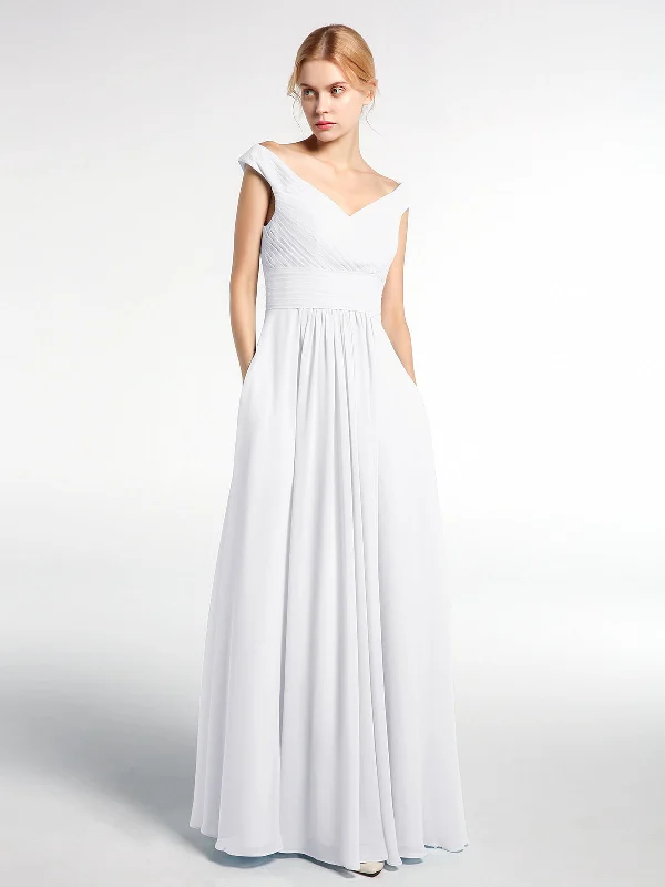 Off shoulder V-neck Maxi Dress with Pockets-White Comfortable Flowy Maxi Dress