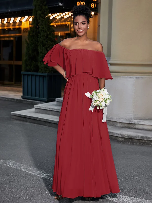 Off the Shoulder Ruffles Chiffon Maxi Dress-Burgundy Elegant Floral Maxi Dress