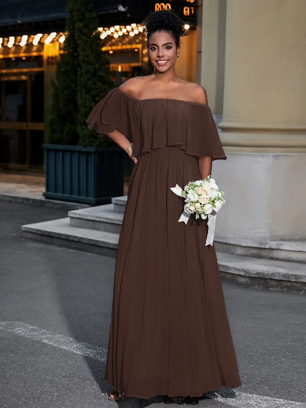 Off the Shoulder Ruffles Chiffon Maxi Dress-Chocolate Stylish One-Shoulder Maxi Dress