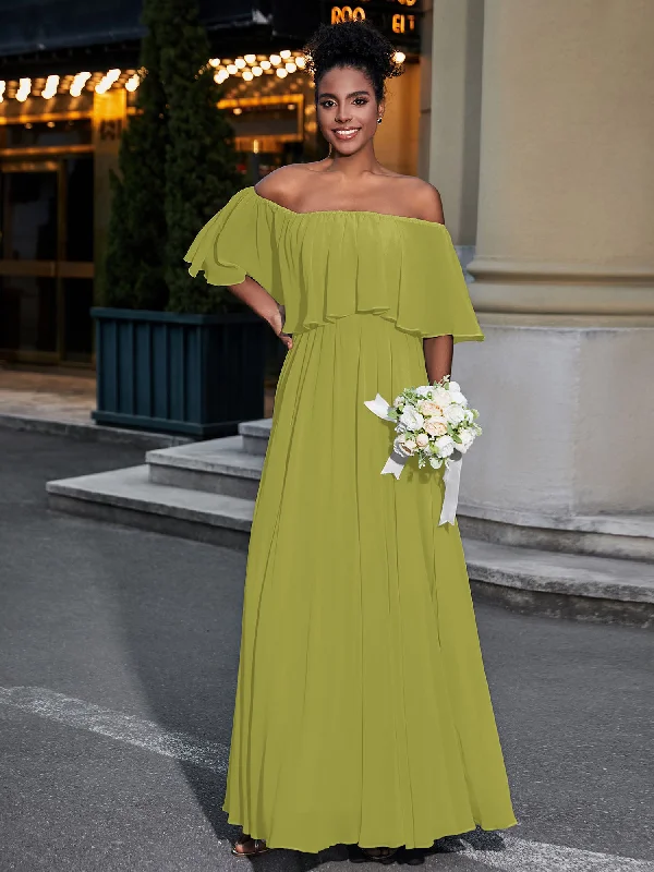 Off the Shoulder Ruffles Chiffon Maxi Dress-Clover Cozy Maxi Dress with Slit