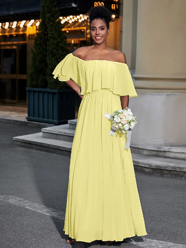 Off the Shoulder Ruffles Chiffon Maxi Dress-Daffodil Comfortable Ruffle Hem Maxi Dress