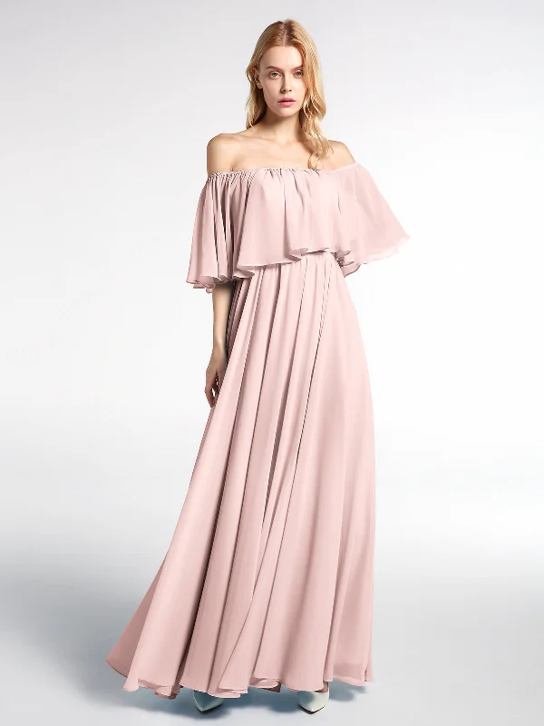 Off the Shoulder Ruffles Chiffon Maxi Dress-Dusty Rose Classic Solid Maxi Dress