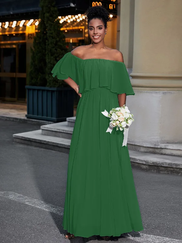 Off the Shoulder Ruffles Chiffon Maxi Dress-Emerald Fashionable Open-Back Maxi Dress