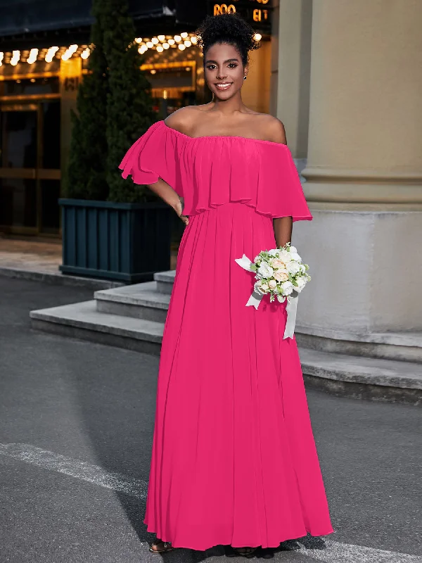 Off the Shoulder Ruffles Chiffon Maxi Dress-Fuchsia Cozy Open-Back Maxi Dress