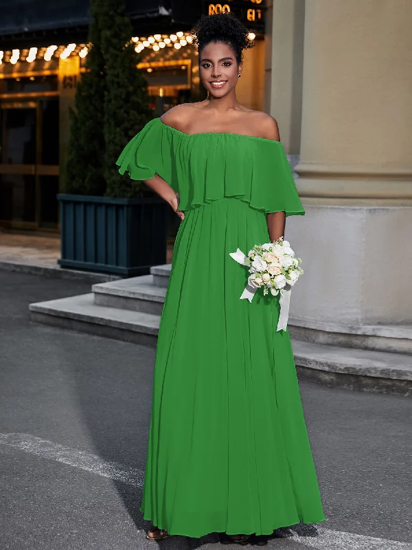 Off the Shoulder Ruffles Chiffon Maxi Dress-Green Trendy V-Neck Maxi Dress