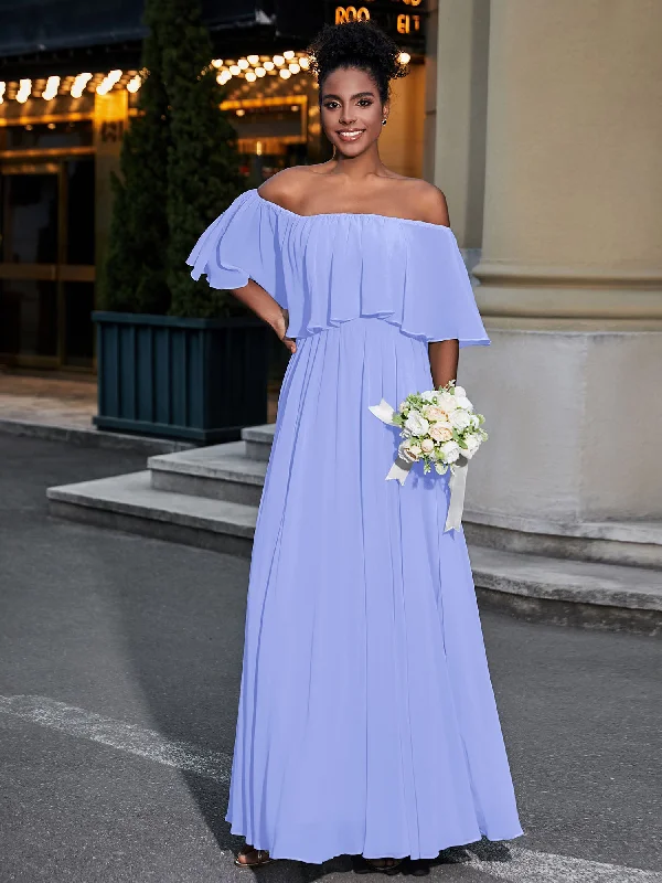 Off the Shoulder Ruffles Chiffon Maxi Dress-Lavender Trendy V-Neck Maxi Dress