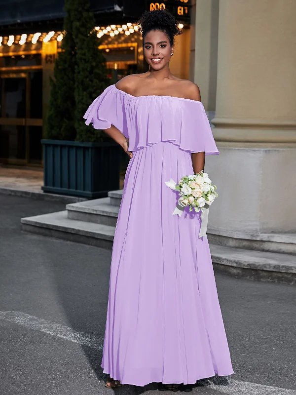 Off the Shoulder Ruffles Chiffon Maxi Dress-Lilac Fashionable Sheer Maxi Dress